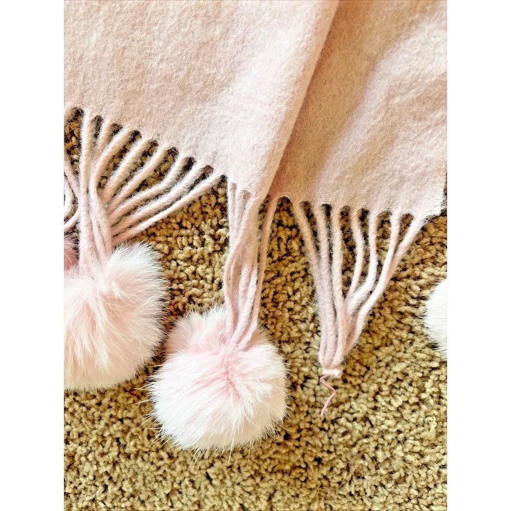 Unbranded Pink Wool/Cashmere/Fur Fringe Pom Scarf Wrap Accessory‎ NEW NWT FLAWED - Picture 4 of 10